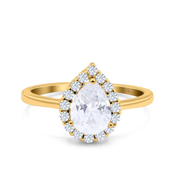14K Yellow Gold Teardrop Halo Art Deco Pear Ring Simulated Cubic Zirconia Wedding Engagement Ring